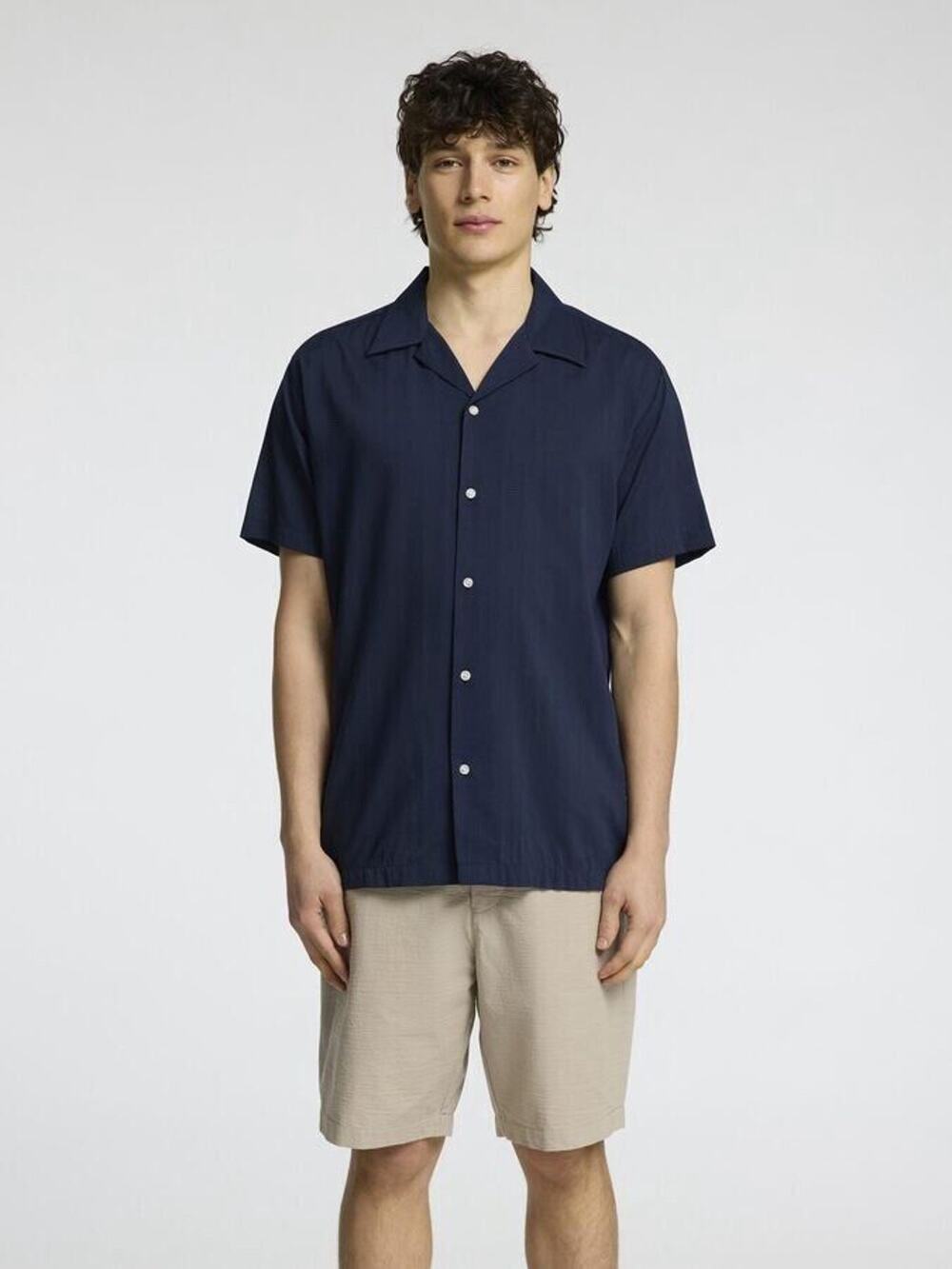 Selected Homme Slim Cuban Collar Shirt Sky Captain Blue Short Sleeve Size 18 / M